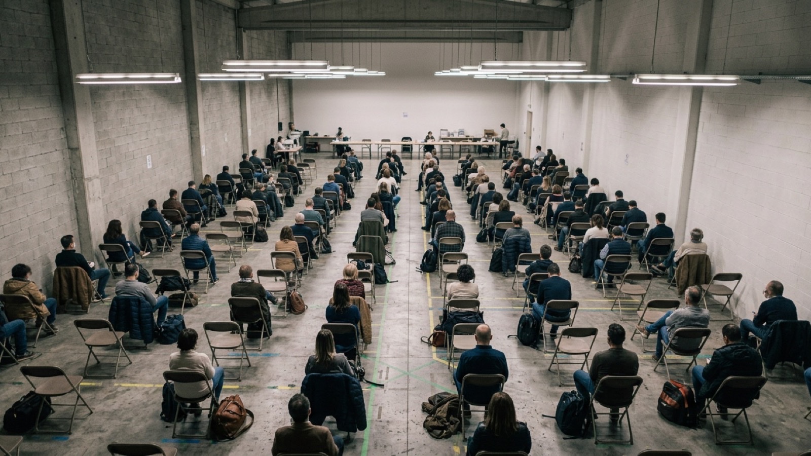 A group of people waiting in a holding area with folding chairs