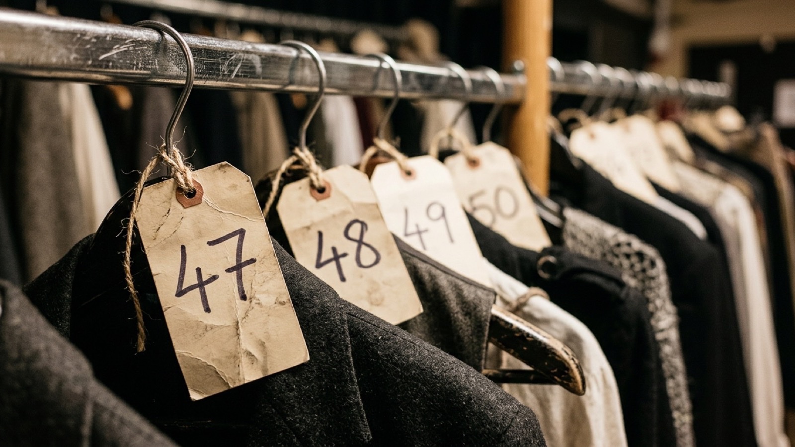 A costume rail with numbered garment tags backstage