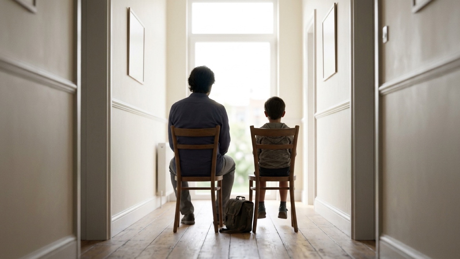 A parent and child waiting together in a bright corridor