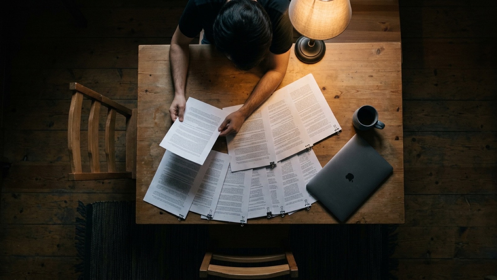 A person reviewing a long contract at a table with a laptop