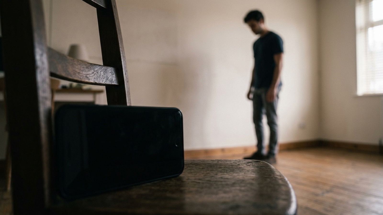 A person photographing themselves against a plain wall with a phone on a chair