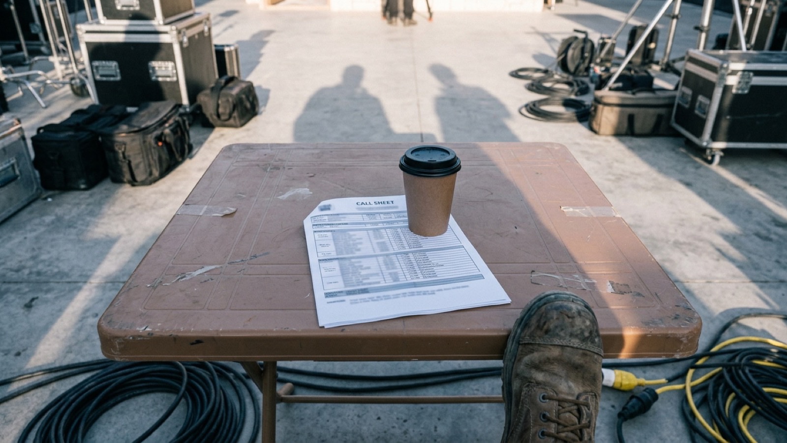 A call sheet and a coffee cup on a folding table on set